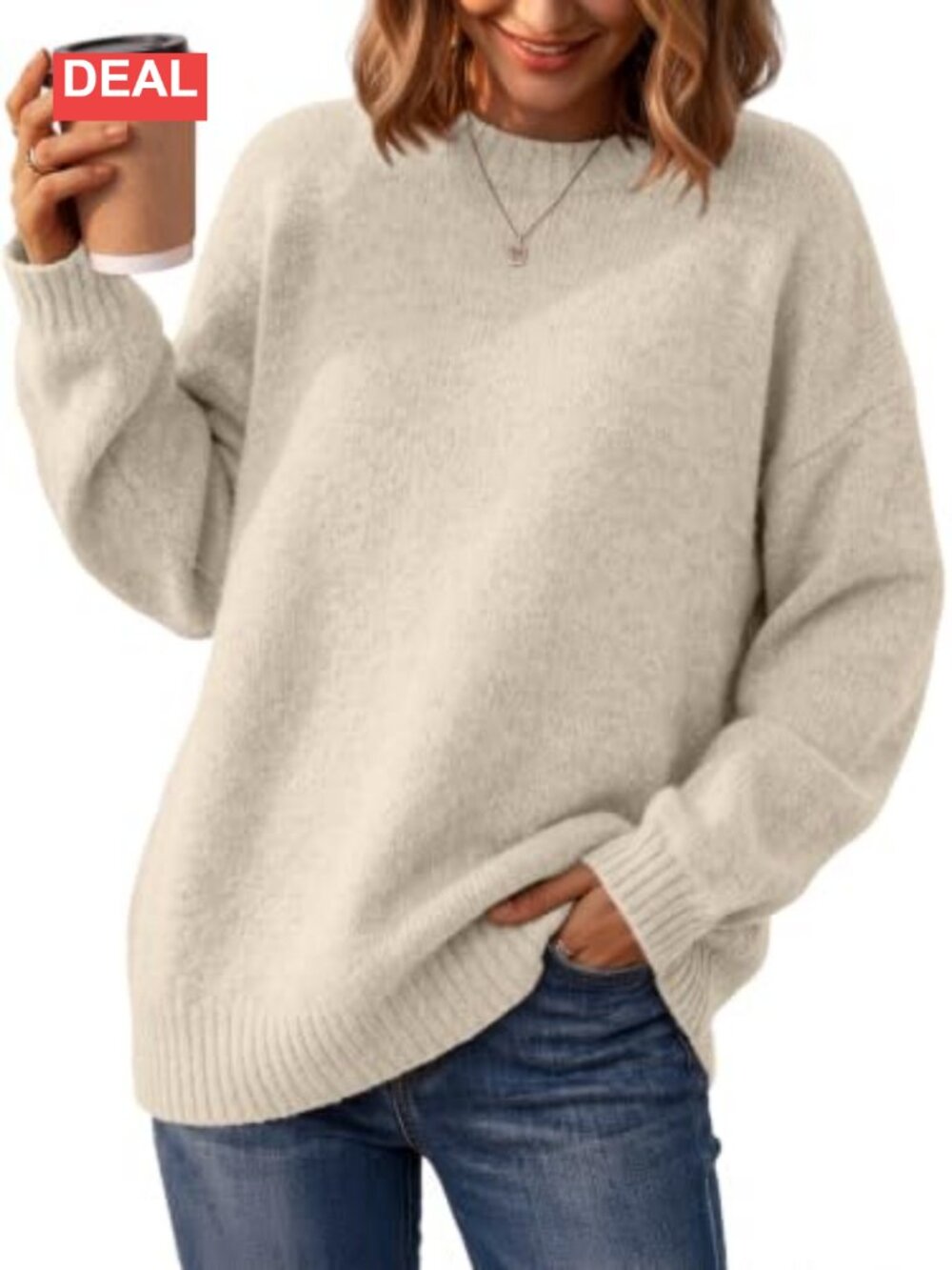 Oversized Crewneck Knit Sweater Pullover Tunic Drop Shoulder Soft Cozy